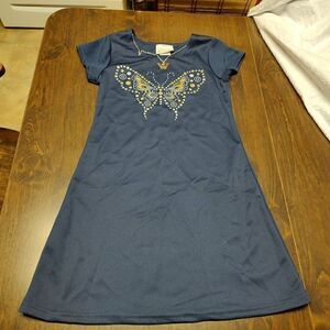 New Basic Editions  Navy Blue Butterfly Dress  Matching Necklace Girl's 10/12